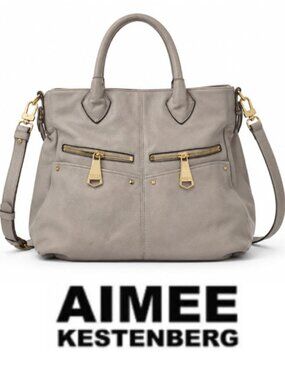 Aimee Kestenberg Pebbled Grey Leather Satchel Crossbody Bag